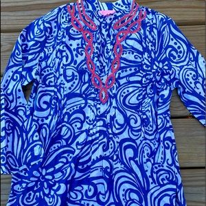 Lilly Pulitzer Beaded Tunic Blouse size medium blue with pink beading
